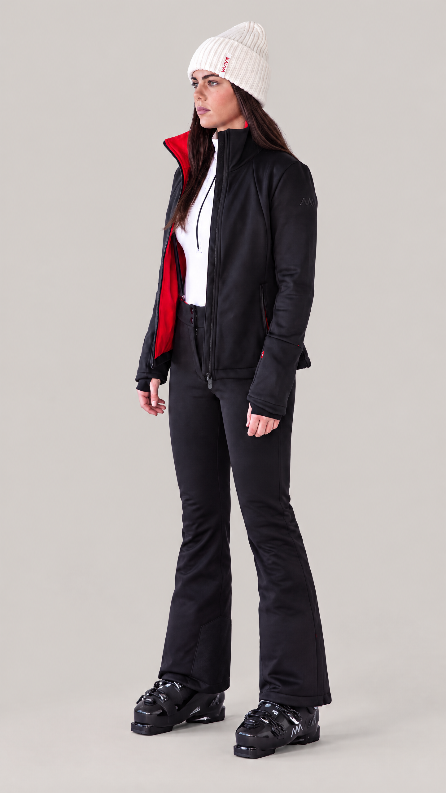 Slalam model in the open red-lined Jacket